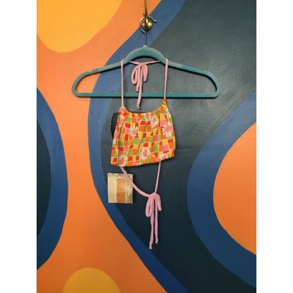 Hamade Halter Crop Top Vintage 60s Cotton Printed Groovy Floral Squares XS-M - Picture 1 of 2